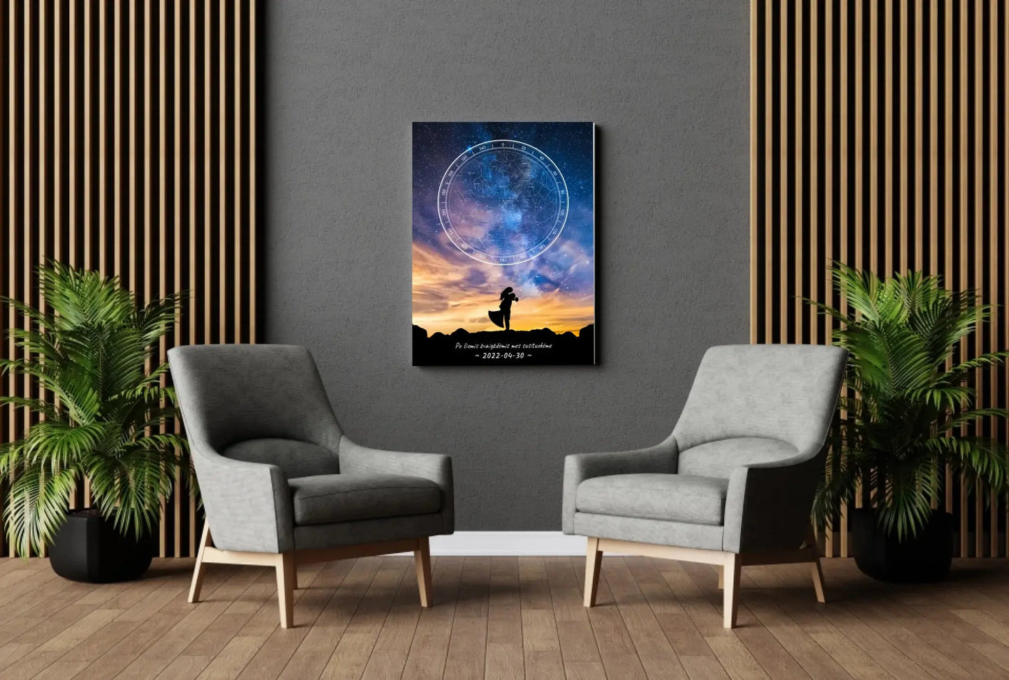 Personalizuotas žvaigždžių žemėlapis ant drobės, su vestuvių dienos pasirinktu siluetu Drobe - dovanokis.lt