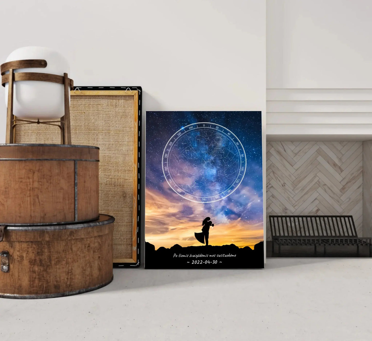 Personalizuotas žvaigždžių žemėlapis ant drobės, su vestuvių dienos pasirinktu siluetu Drobe - dovanokis.lt