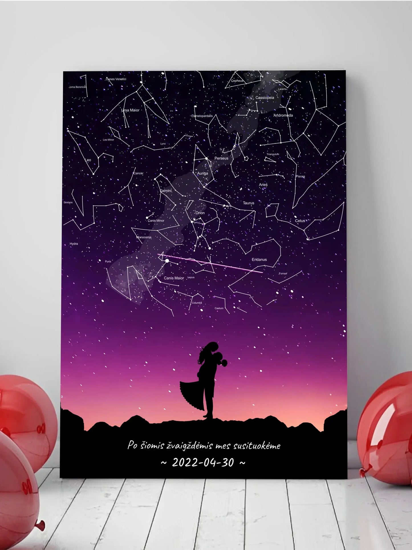 Personalizuotas viso spektro žvaigždžių žemėlapis ant drobės, su Vestuvių dienos pasirinktu siluetu Drobe - dovanokis.lt