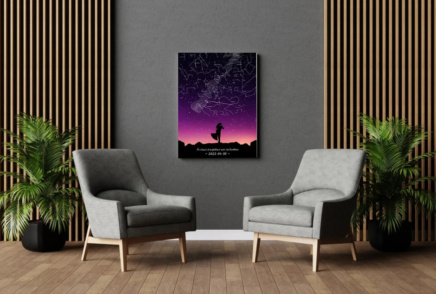 Personalizuotas viso spektro žvaigždžių žemėlapis ant drobės, su Vestuvių dienos pasirinktu siluetu Drobe - dovanokis.lt