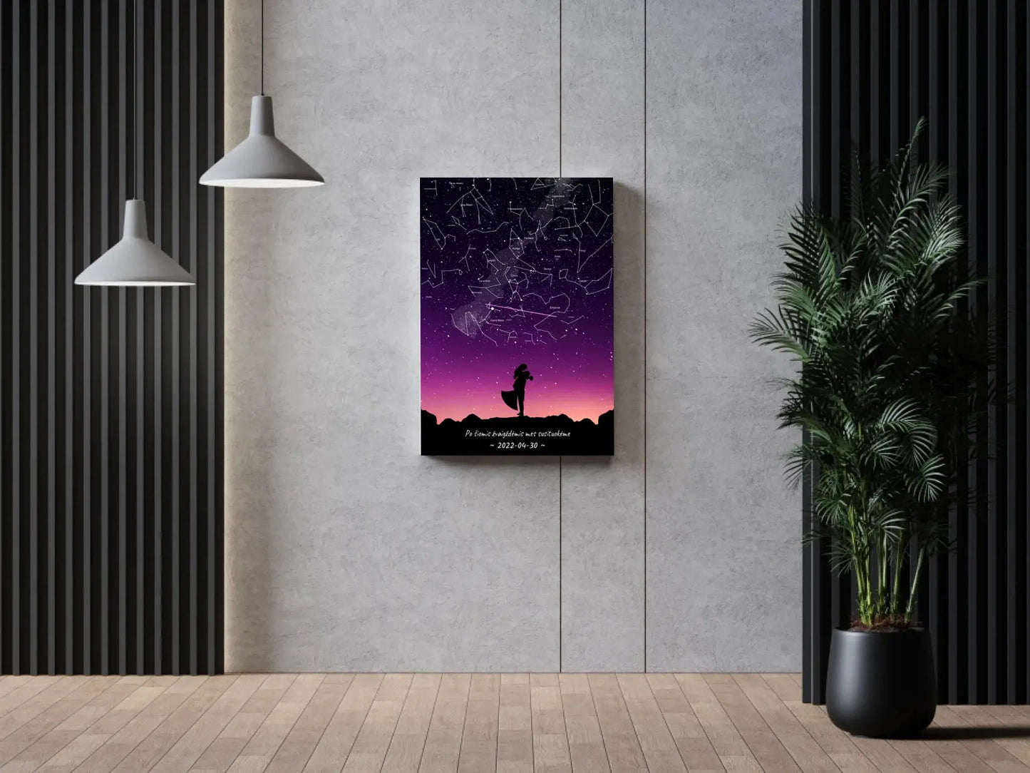 Personalizuotas viso spektro žvaigždžių žemėlapis ant drobės, su Vestuvių dienos pasirinktu siluetu Drobe - dovanokis.lt