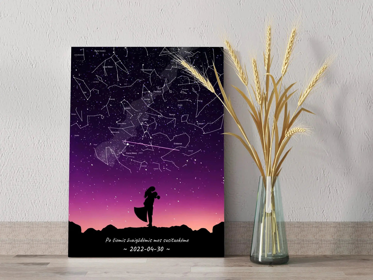 Personalizuotas viso spektro žvaigždžių žemėlapis ant drobės, su Vestuvių dienos pasirinktu siluetu Drobe - dovanokis.lt