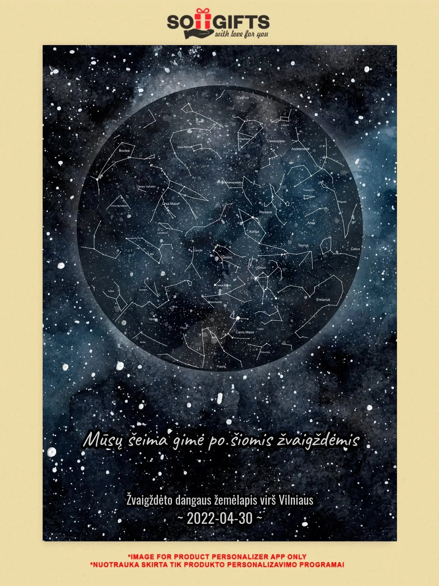 Personalizuotas žvaigždžių žemėlapisant drobės su fonu Drobe - dovanokis.lt
