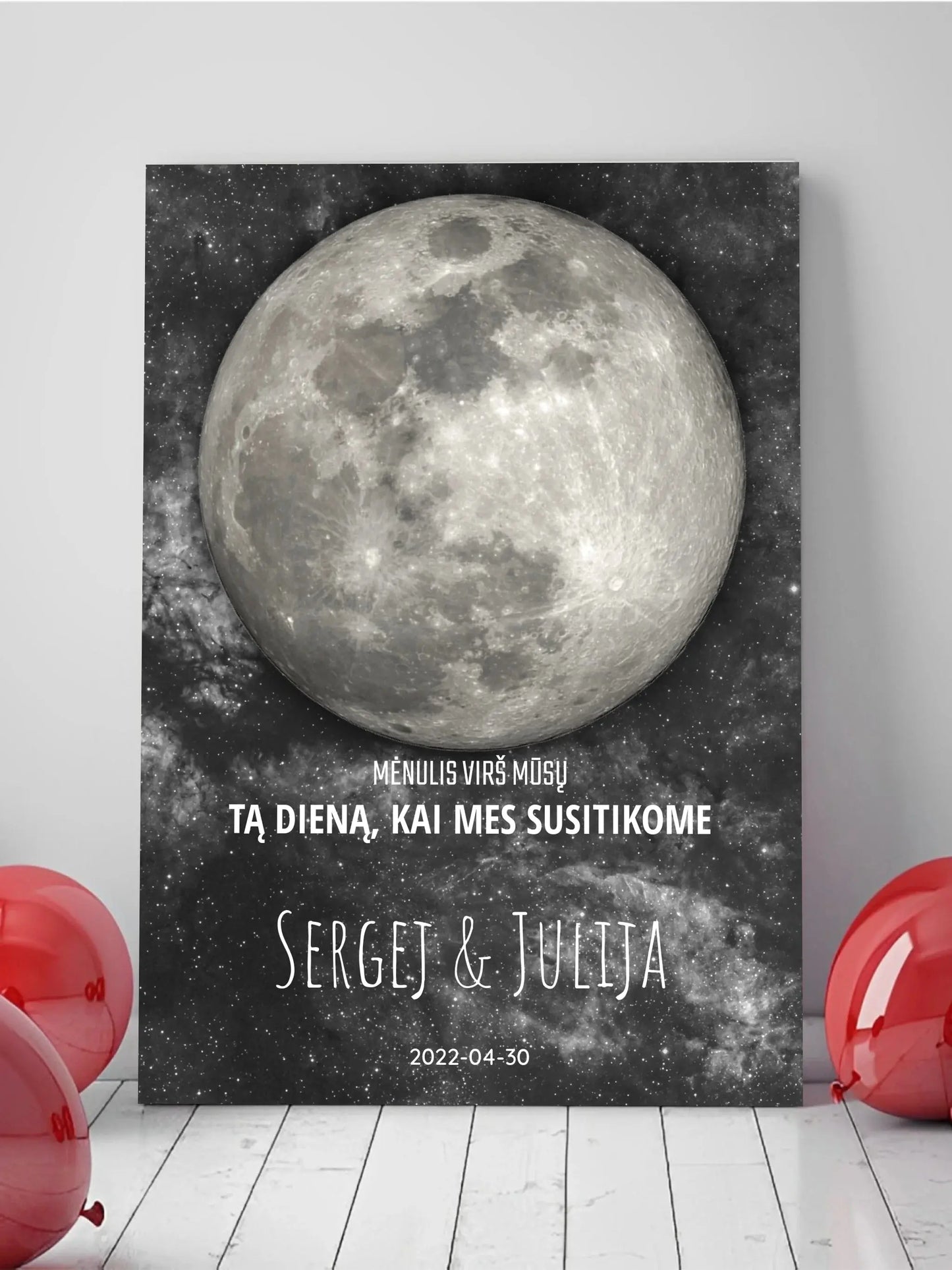 Personalizuotas mėnulio fazės spaudinys ant drobės, pritaikytas pagal datą ir vietą MNFZ-001 Drobe - dovanokis.lt