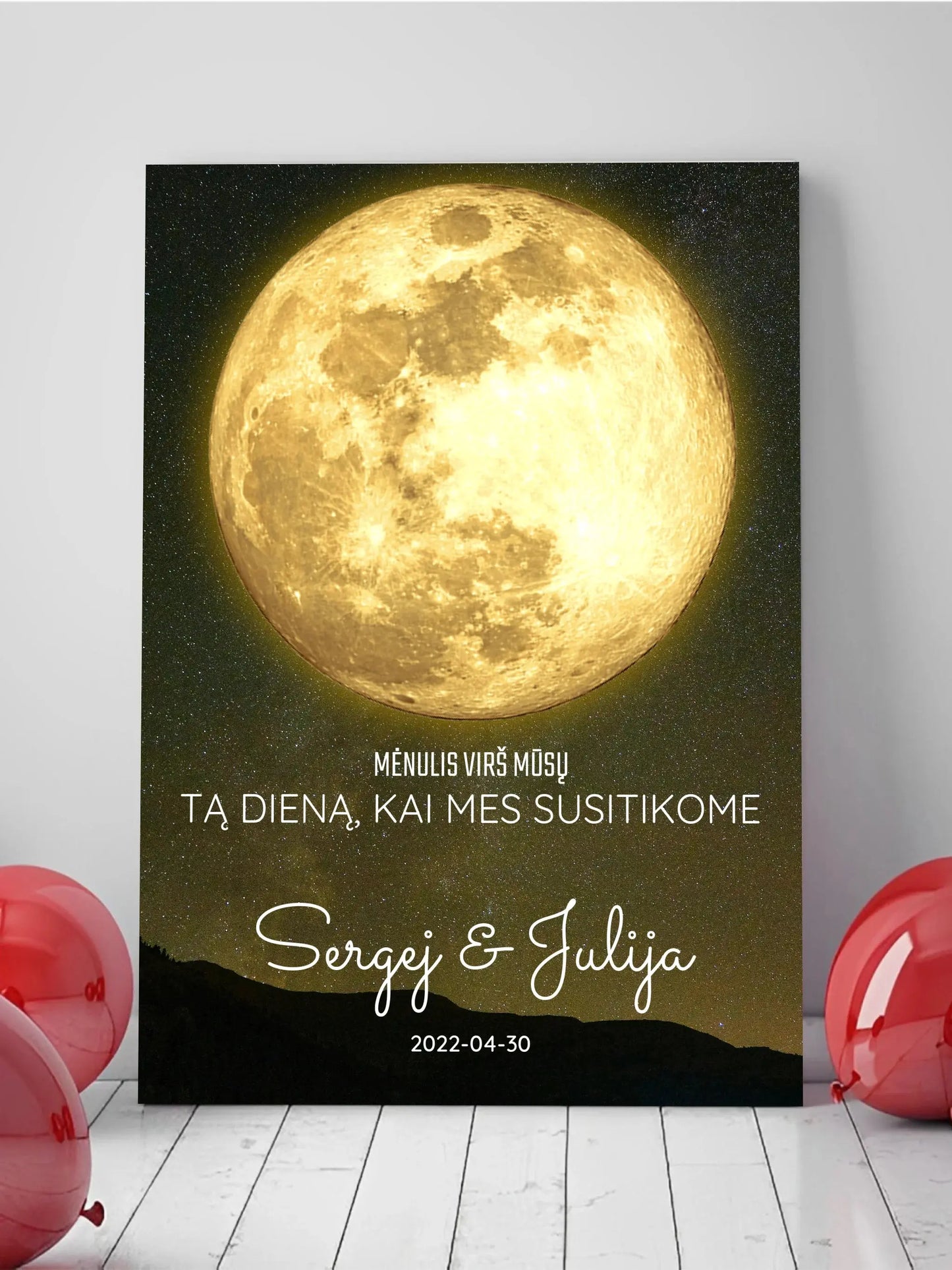 Personalizuotas mėnulio fazės spaudinys ant drobės, pritaikytas pagal datą ir vietą MNFZ-003 Drobe - dovanokis.lt