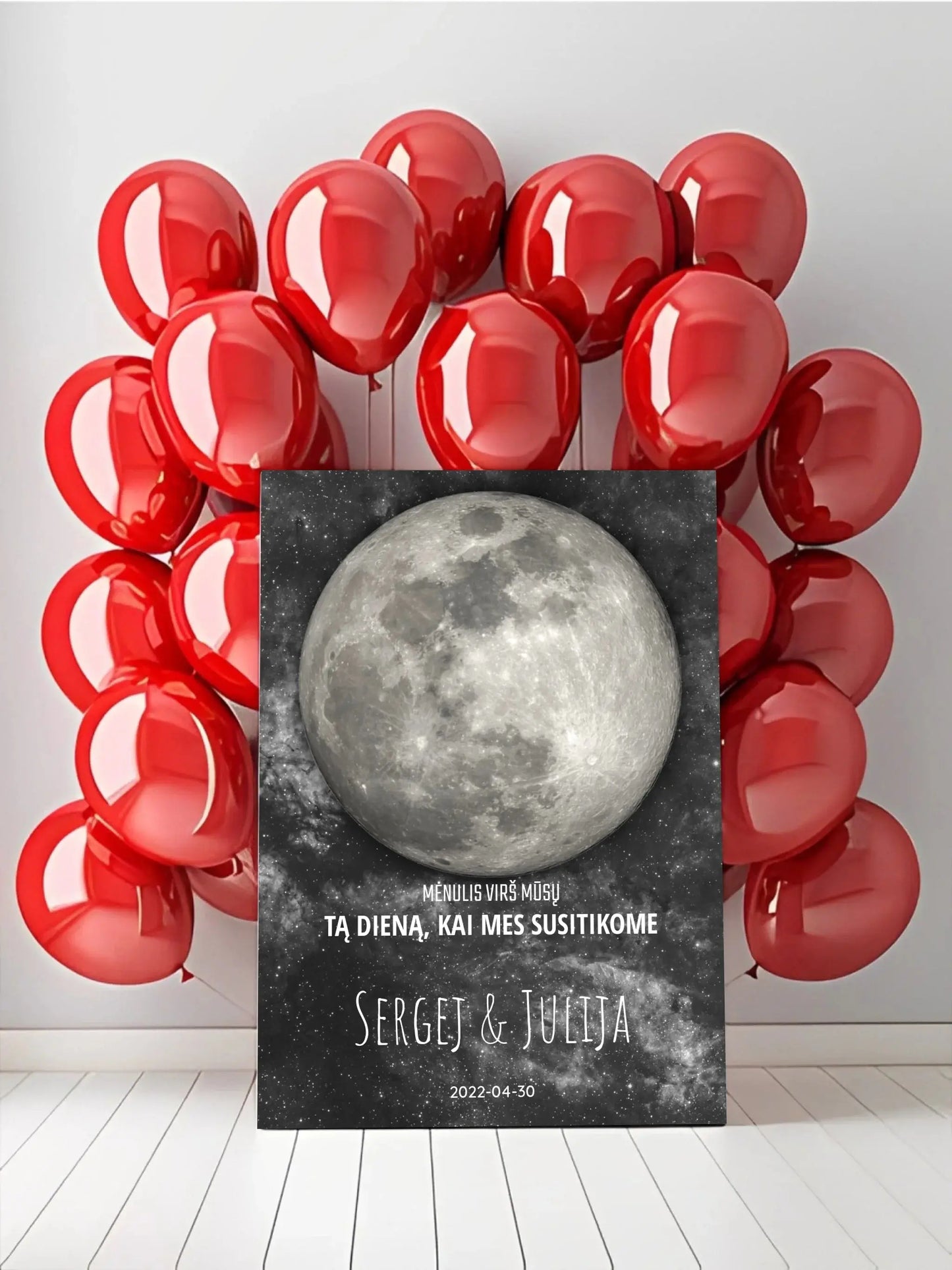 Personalizuotas mėnulio fazės spaudinys ant drobės, pritaikytas pagal datą ir vietą MNFZ-001 Drobe - dovanokis.lt