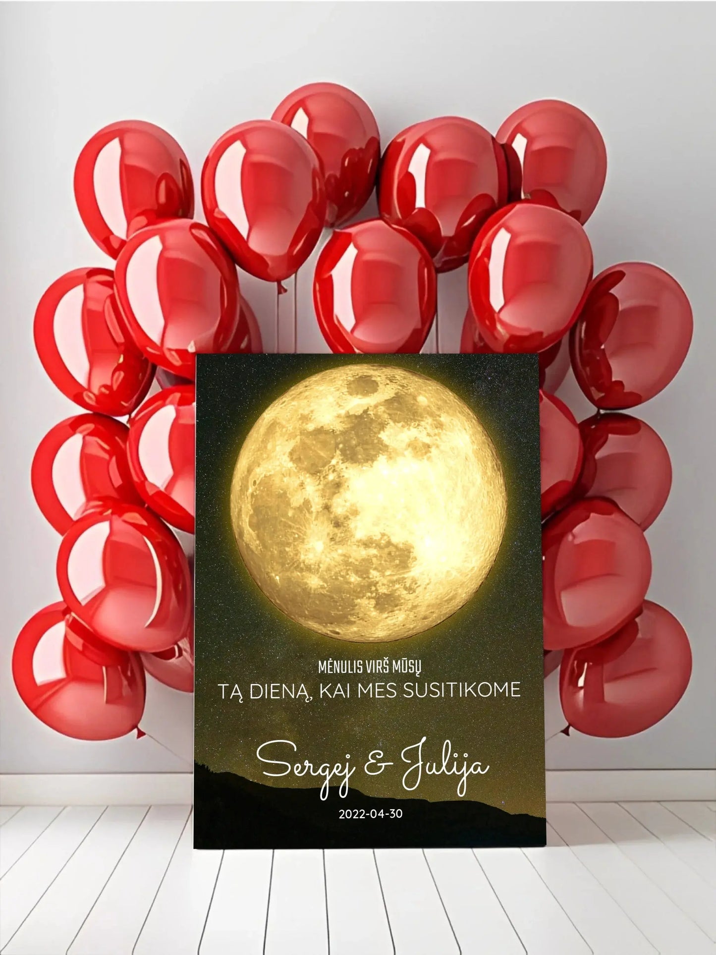 Personalizuotas mėnulio fazės spaudinys ant drobės, pritaikytas pagal datą ir vietą MNFZ-003 Drobe - dovanokis.lt