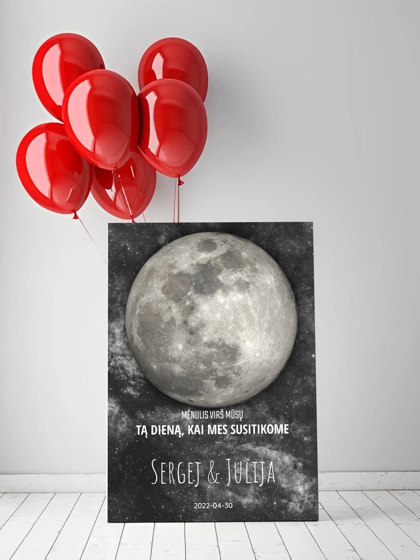 Personalizuotas mėnulio fazės spaudinys ant drobės, pritaikytas pagal datą ir vietą MNFZ-001 Drobe - dovanokis.lt