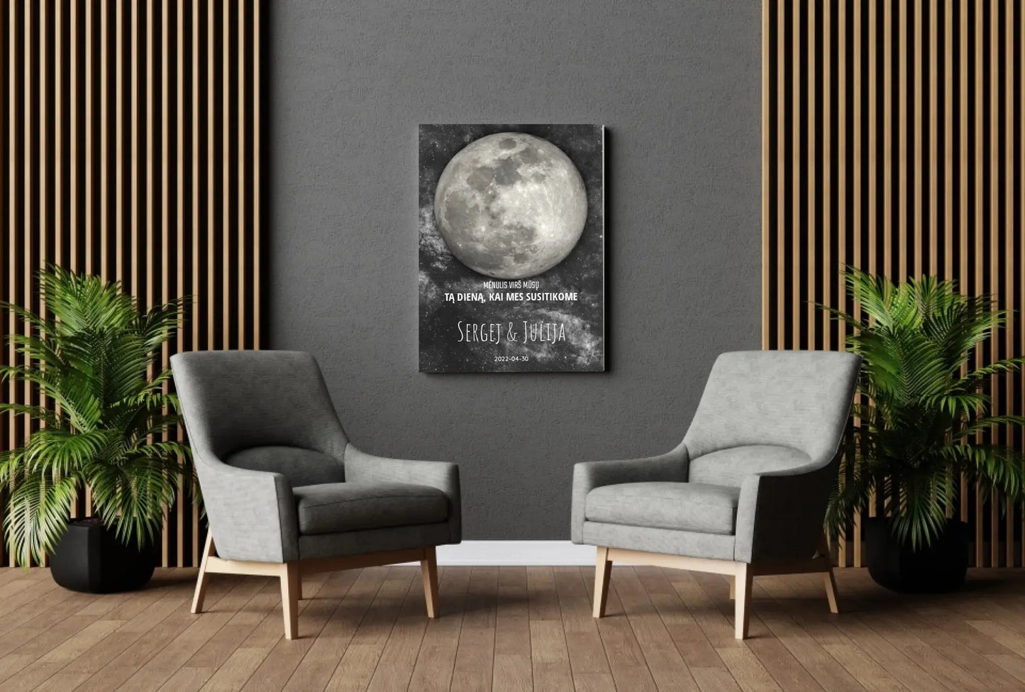 Personalizuotas mėnulio fazės spaudinys ant drobės, pritaikytas pagal datą ir vietą MNFZ-001 Drobe - dovanokis.lt