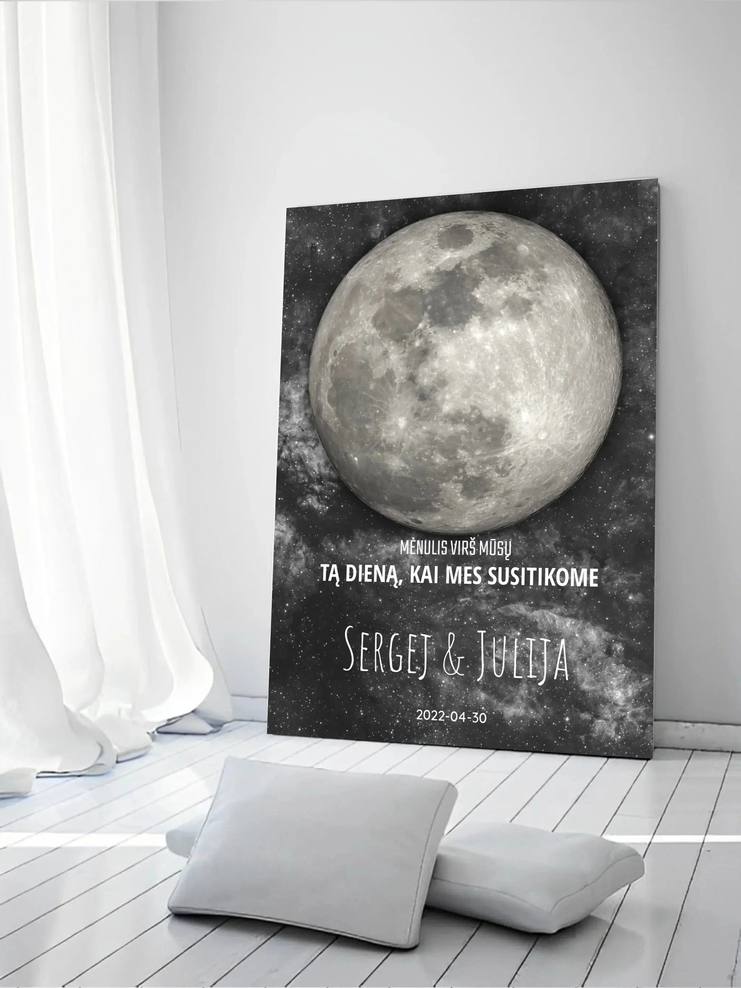 Personalizuotas mėnulio fazės spaudinys ant drobės, pritaikytas pagal datą ir vietą MNFZ-001 Drobe - dovanokis.lt