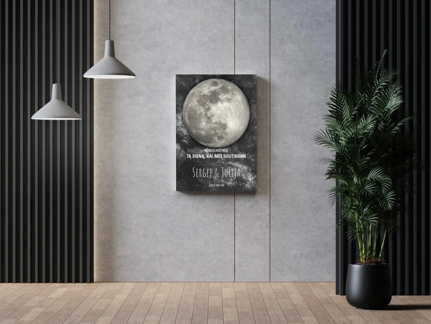 Personalizuotas mėnulio fazės spaudinys ant drobės, pritaikytas pagal datą ir vietą MNFZ-001 Drobe - dovanokis.lt