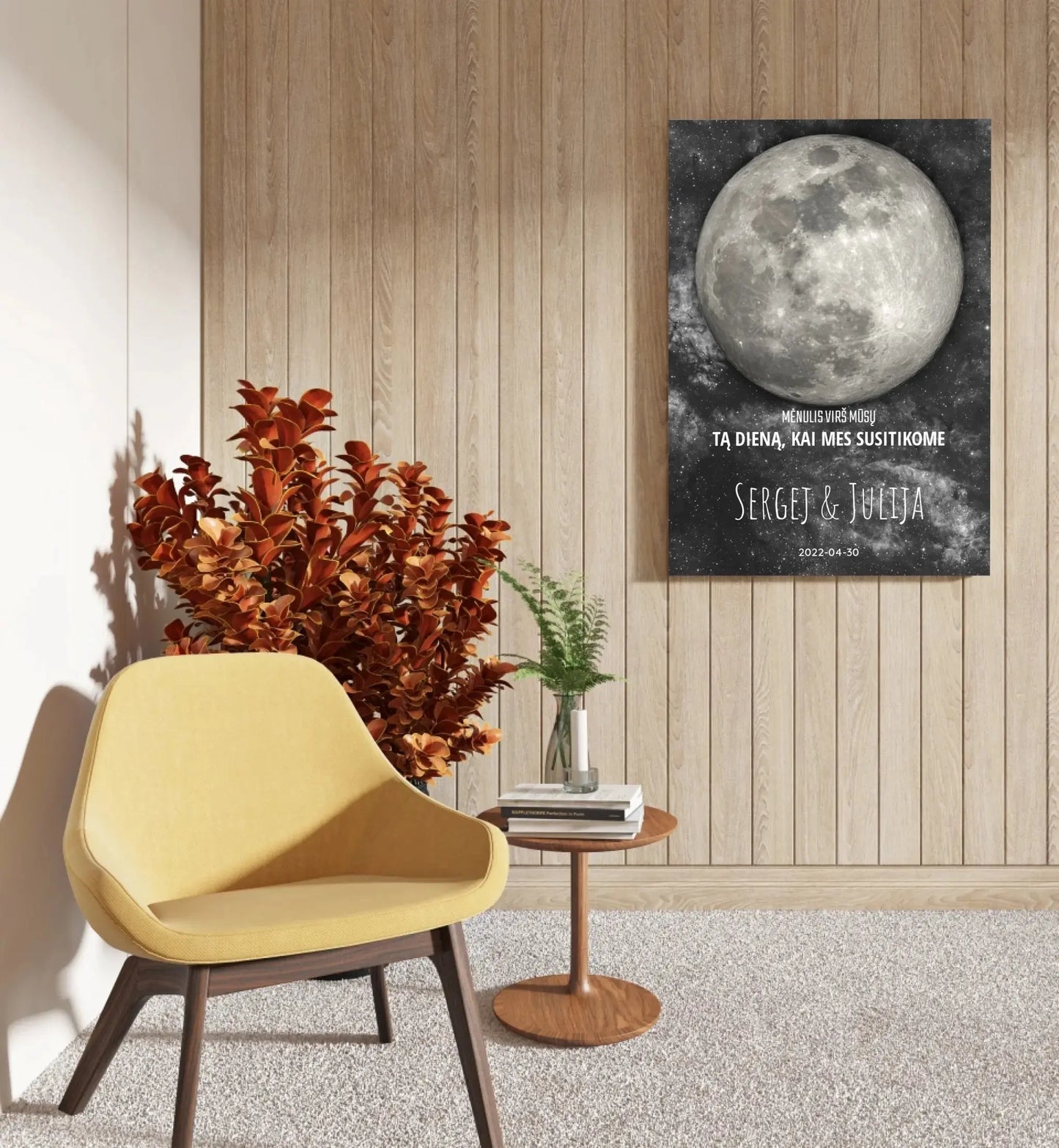 Personalizuotas mėnulio fazės spaudinys ant drobės, pritaikytas pagal datą ir vietą MNFZ-001 Drobe - dovanokis.lt