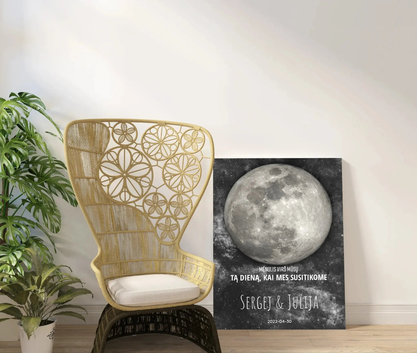 Personalizuotas mėnulio fazės spaudinys ant drobės, pritaikytas pagal datą ir vietą MNFZ-001 Drobe - dovanokis.lt