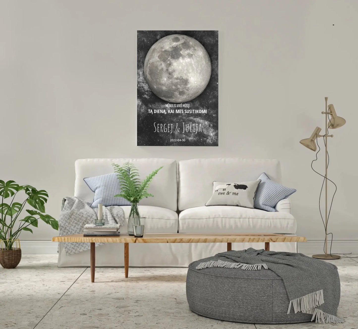 Personalizuotas mėnulio fazės spaudinys ant drobės, pritaikytas pagal datą ir vietą MNFZ-001 Drobe - dovanokis.lt