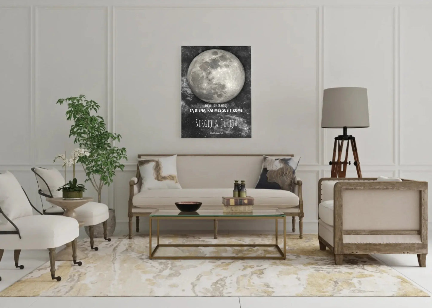 Personalizuotas mėnulio fazės spaudinys ant drobės, pritaikytas pagal datą ir vietą MNFZ-001 Drobe - dovanokis.lt