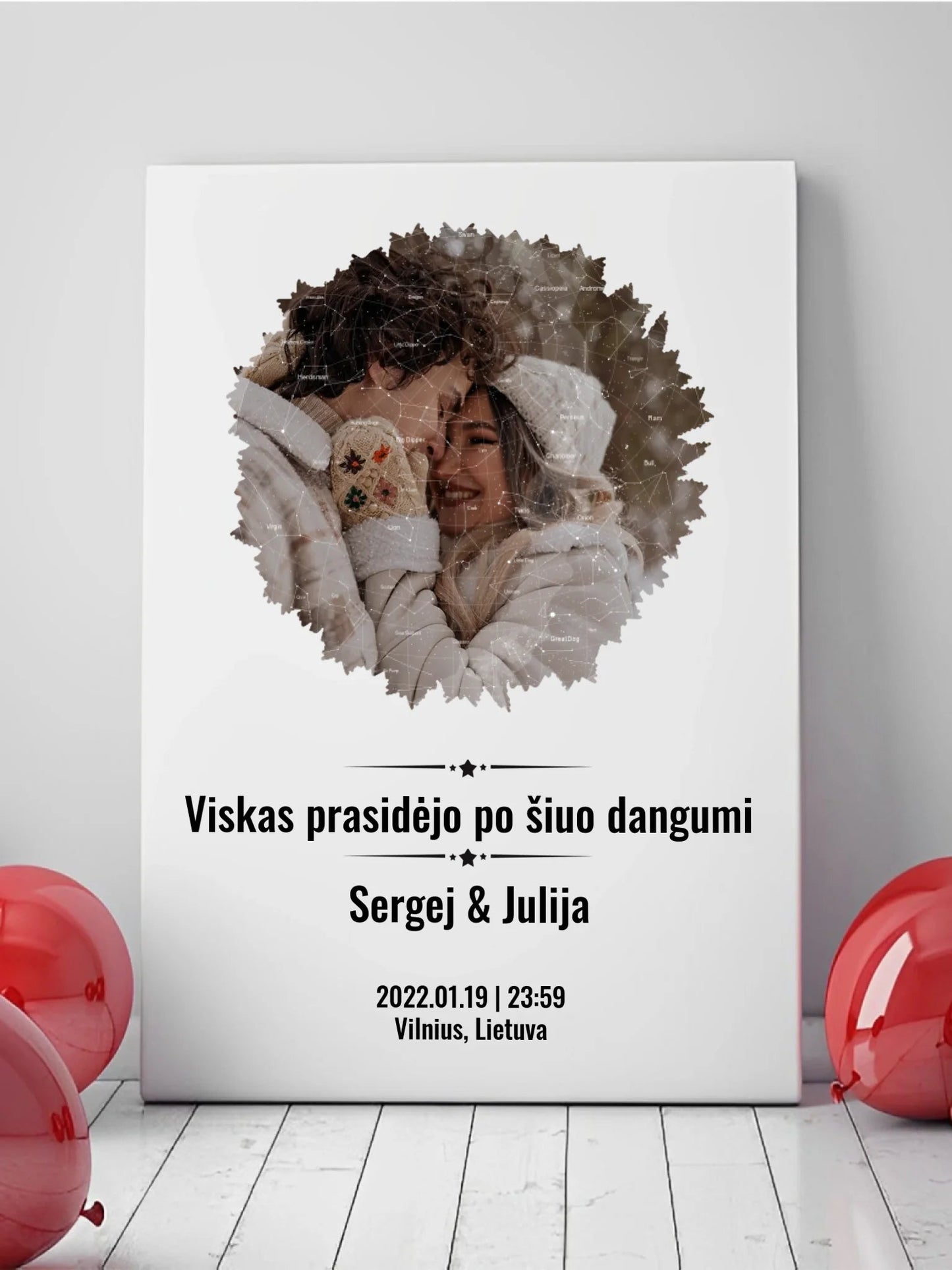 Personalizuotas žvaigždžių žemėlapis su skirtingomis formomis ir jūsų nuotrauka Drobe - dovanokis.lt