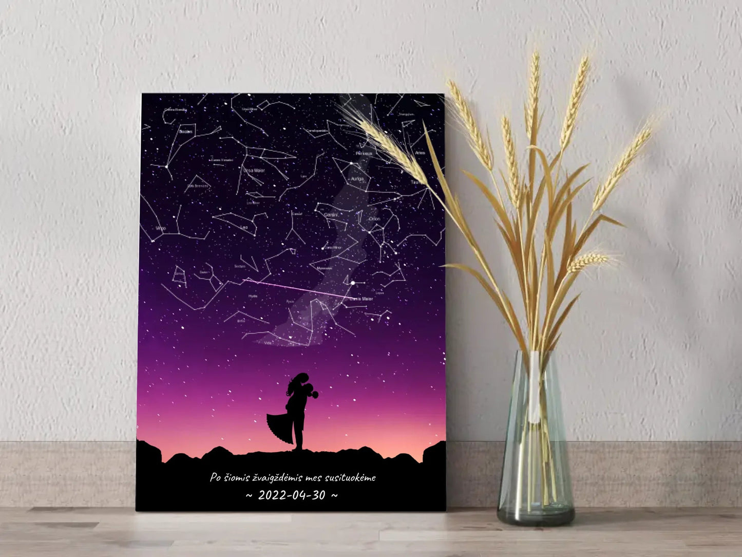 Personalizuotas viso spektro žvaigždžių žemėlapis ant drobės, su Vestuvių dienos pasirinktu siluetu Drobe - dovanokis.lt