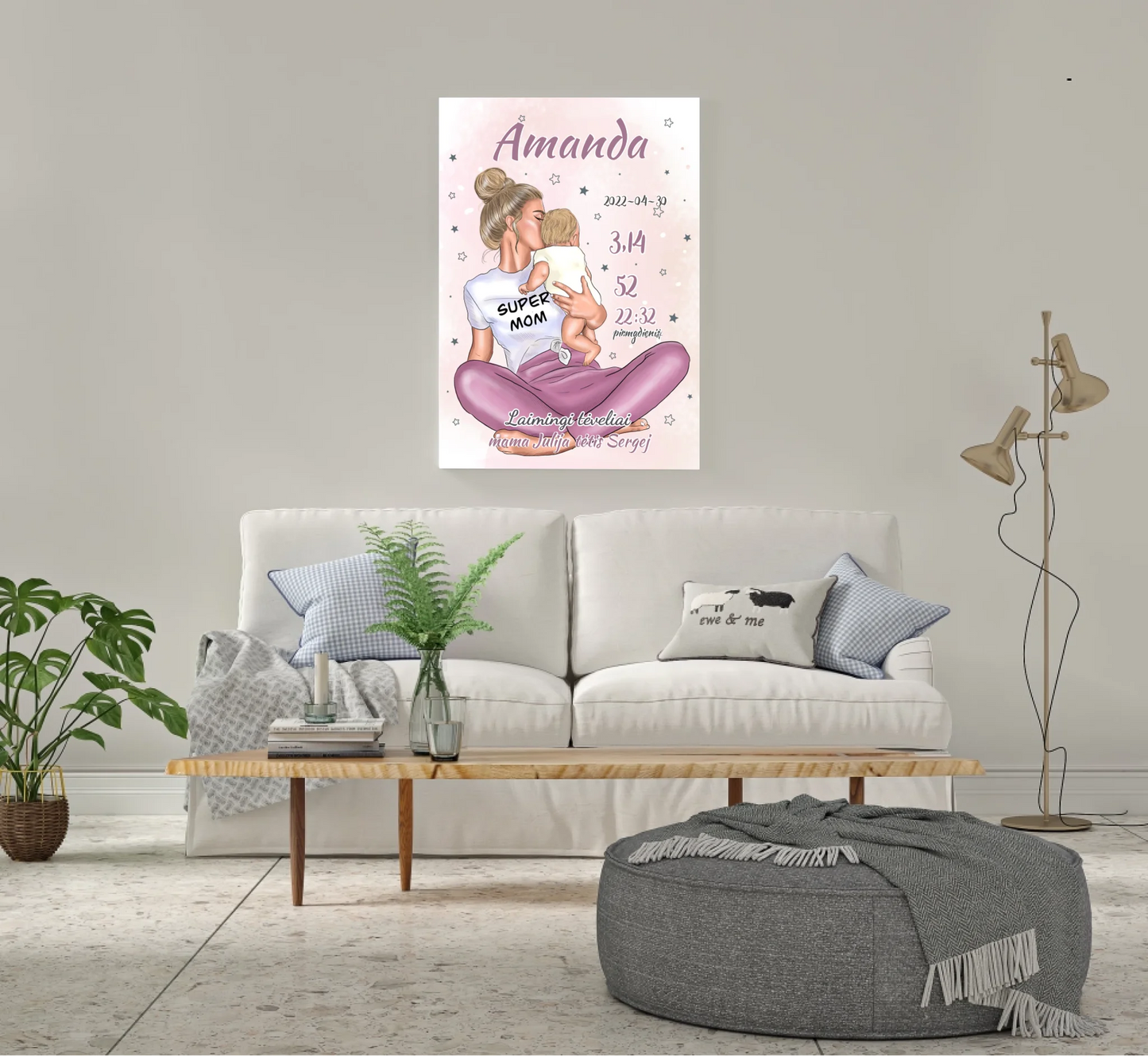 Personalizuota Vaiko Gimimo Metrikų Iliustracija ant drobės, Super Mama, Mergaitės gimimo metrika Drobe - dovanokis.lt