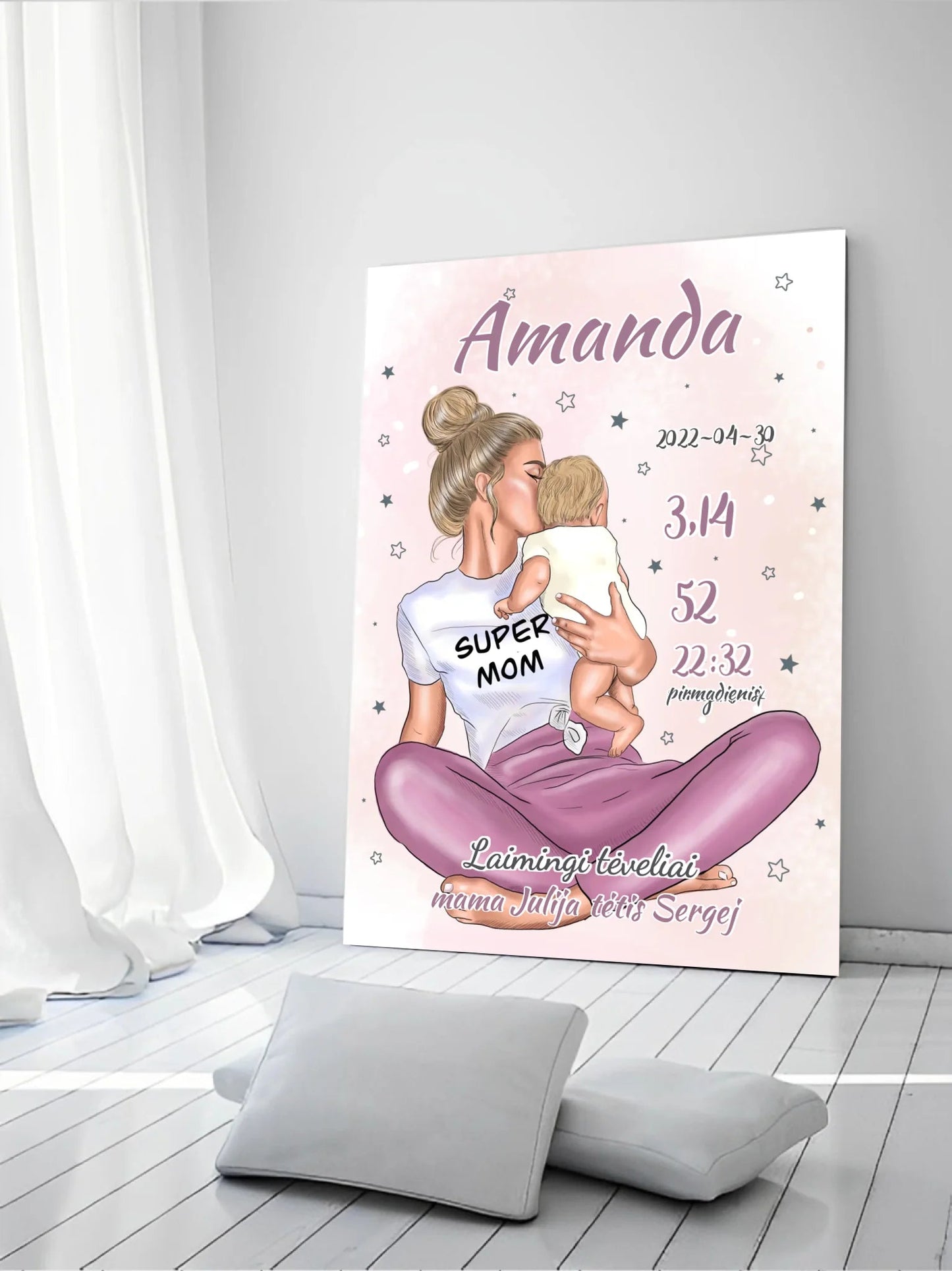 Personalizuota Vaiko Gimimo Metrikų Iliustracija ant drobės, Super Mama, Mergaitės gimimo metrika Drobe - dovanokis.lt