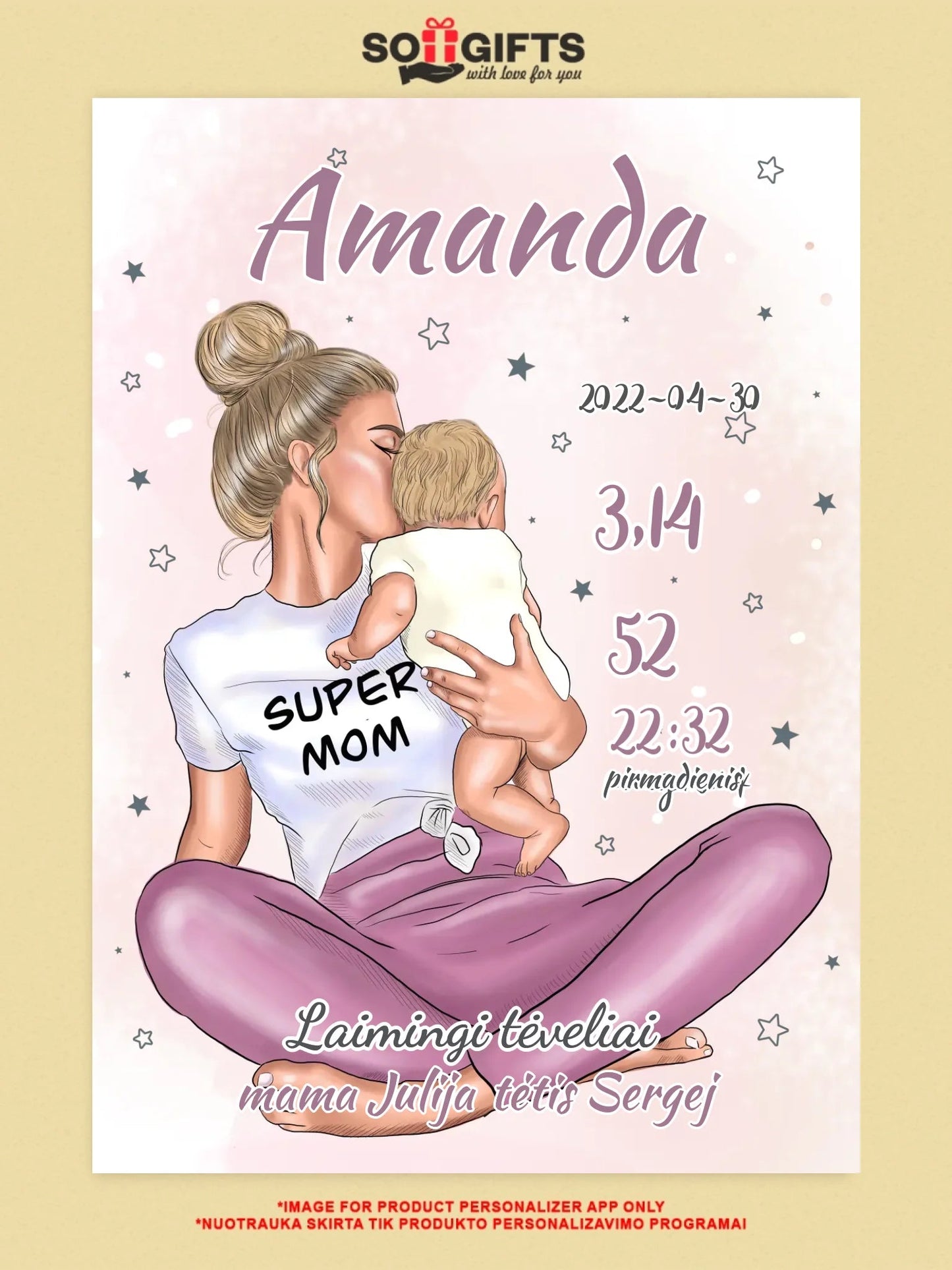 Personalizuota Vaiko Gimimo Metrikų Iliustracija ant drobės, Super Mama, Mergaitės gimimo metrika Drobe - dovanokis.lt