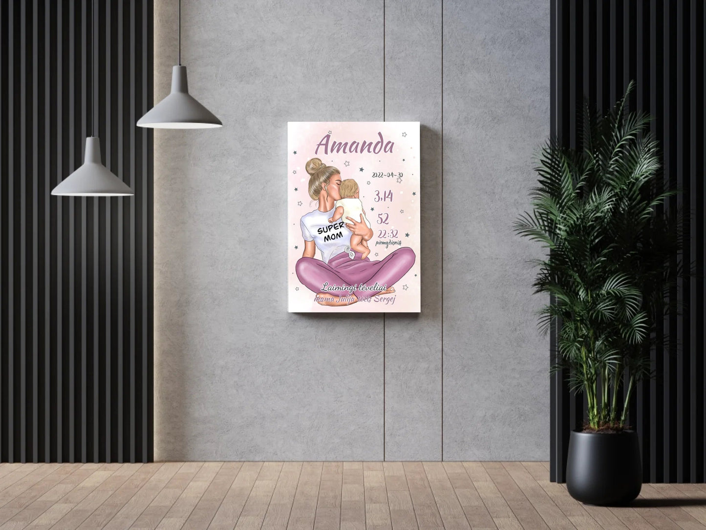 Personalizuota Vaiko Gimimo Metrikų Iliustracija ant drobės, Super Mama, Mergaitės gimimo metrika Drobe - dovanokis.lt