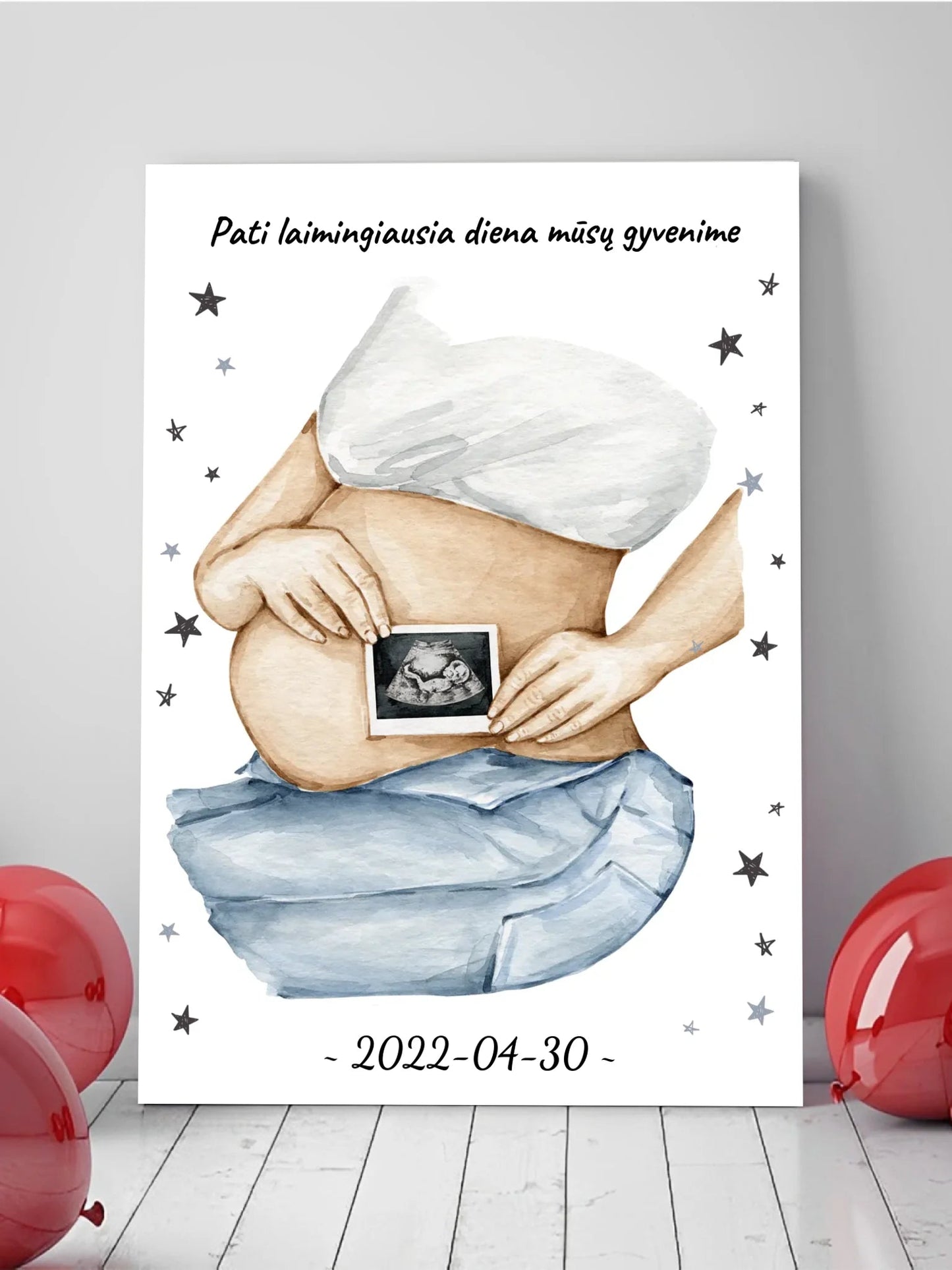Personalizuota nėščiųjų echoskopijos tyrimo iliustracija su nuotrauką ant drobės, Nėščiųjų ultragarsas, Kūdikių kambario dekoras, Vaisiaus ultragarsinis vaizdas, nauja dovana tėvams Drobe - dovanokis.lt