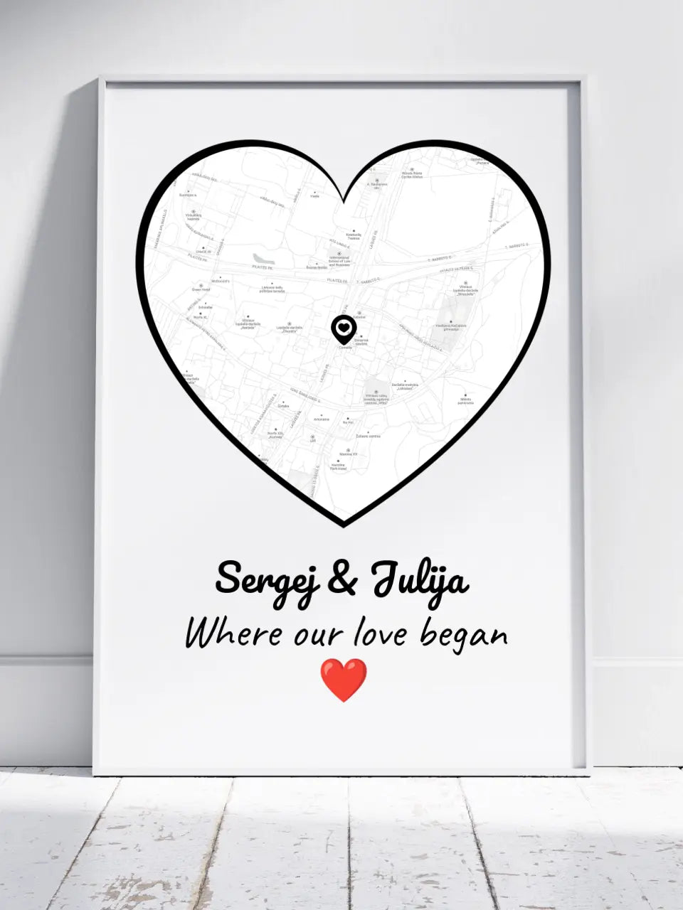 Personalizuotas Meilės žemėlapio plakatas su jūsų buvimo vieta
