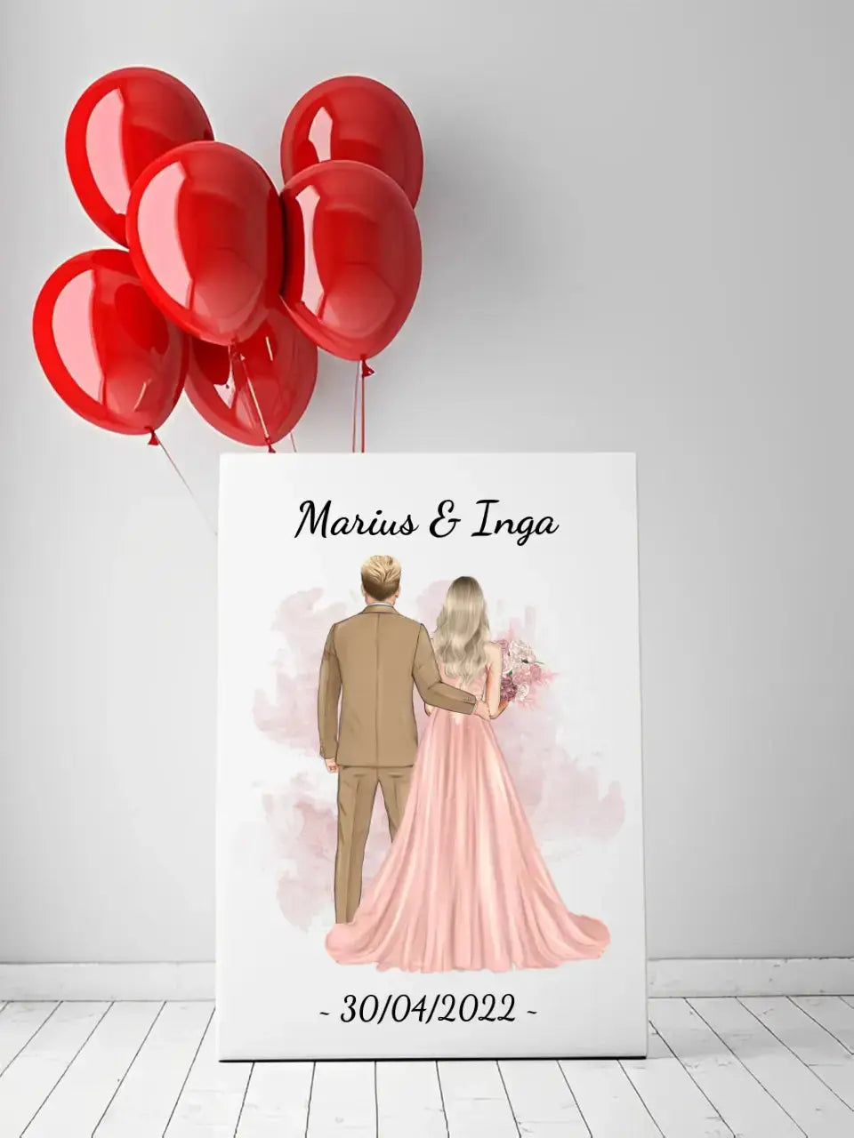 Personalizuotas jaunikio ir nuotakos vestuvių Iliustraciją ant drobės su jūsų data ir vardais  Drobe -  dovanokis.lt