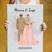 Personalizuotas jaunikio ir nuotakos vestuvių Iliustraciją ant drobės su jūsų data ir vardais  Drobe -  dovanokis.lt