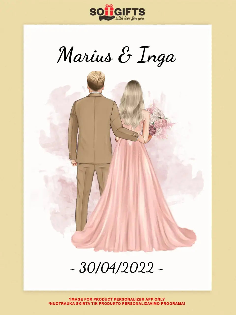 Personalizuotas jaunikio ir nuotakos vestuvių Iliustraciją ant drobės su jūsų data ir vardais  Drobe -  dovanokis.lt