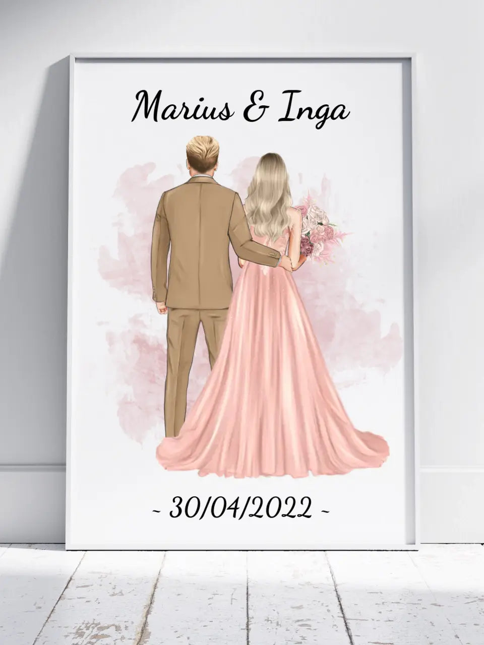 Personalizuotas jaunikio ir nuotakos vestuvių plakatas su rėmeliu, su jūsų data ir vardais