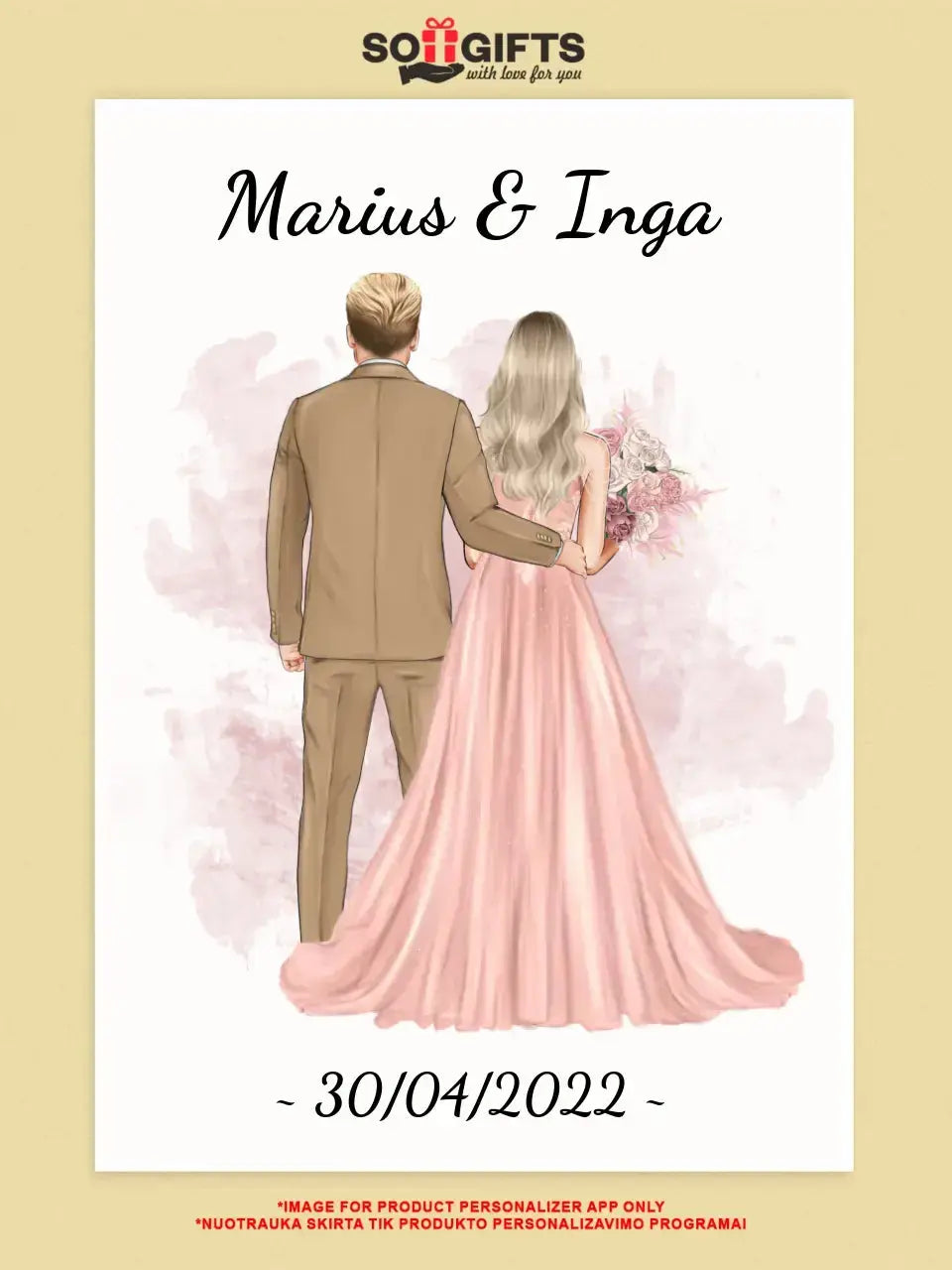 Personalizuotas jaunikio ir nuotakos vestuvių plakatas su rėmeliu, su jūsų data ir vardais  Poster -  dovanokis.lt