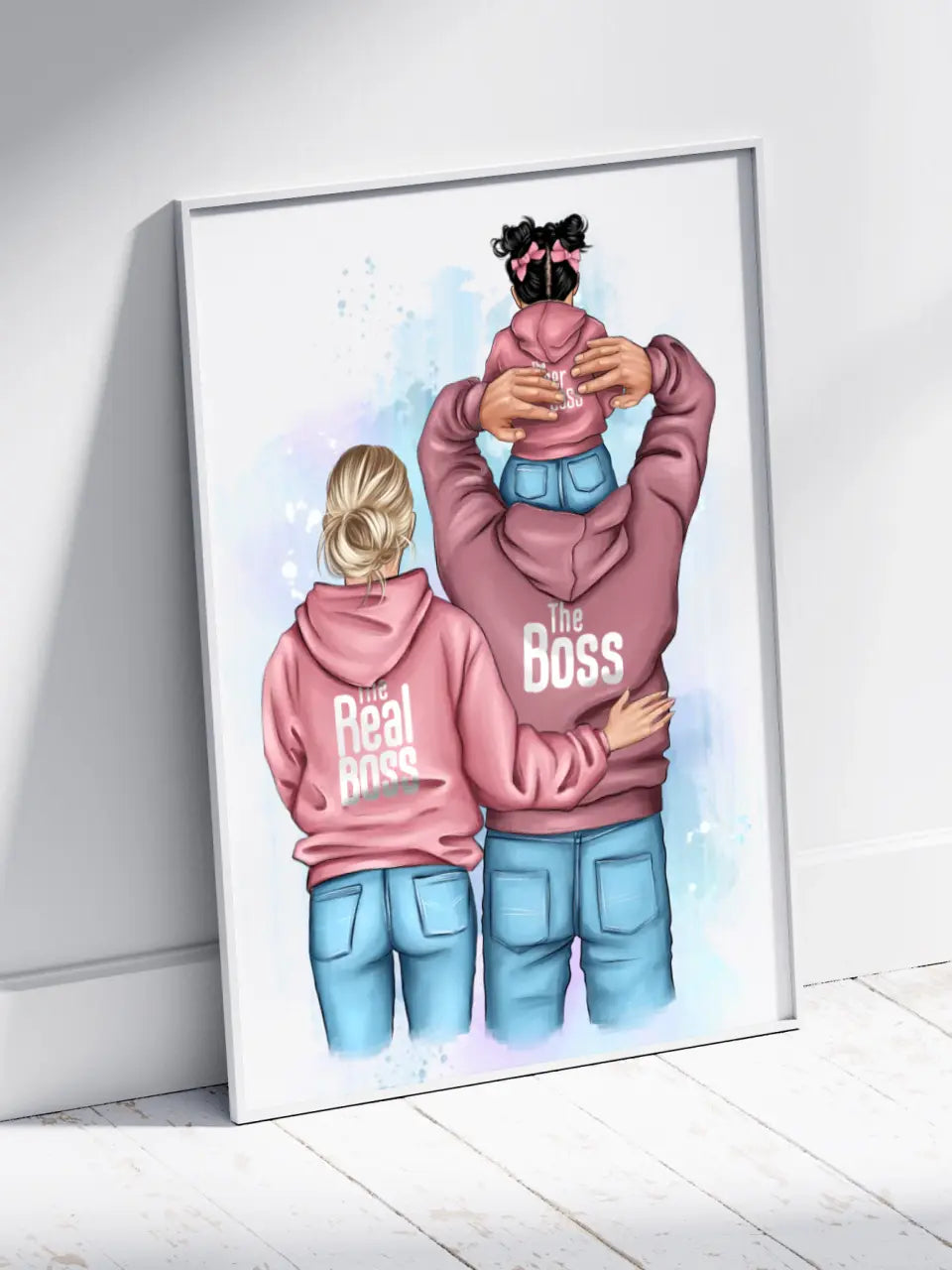 Personalizuotas „Tikra boso šeima“ iliustracija su vaiku ant drobės, plakatas su rėmeliu