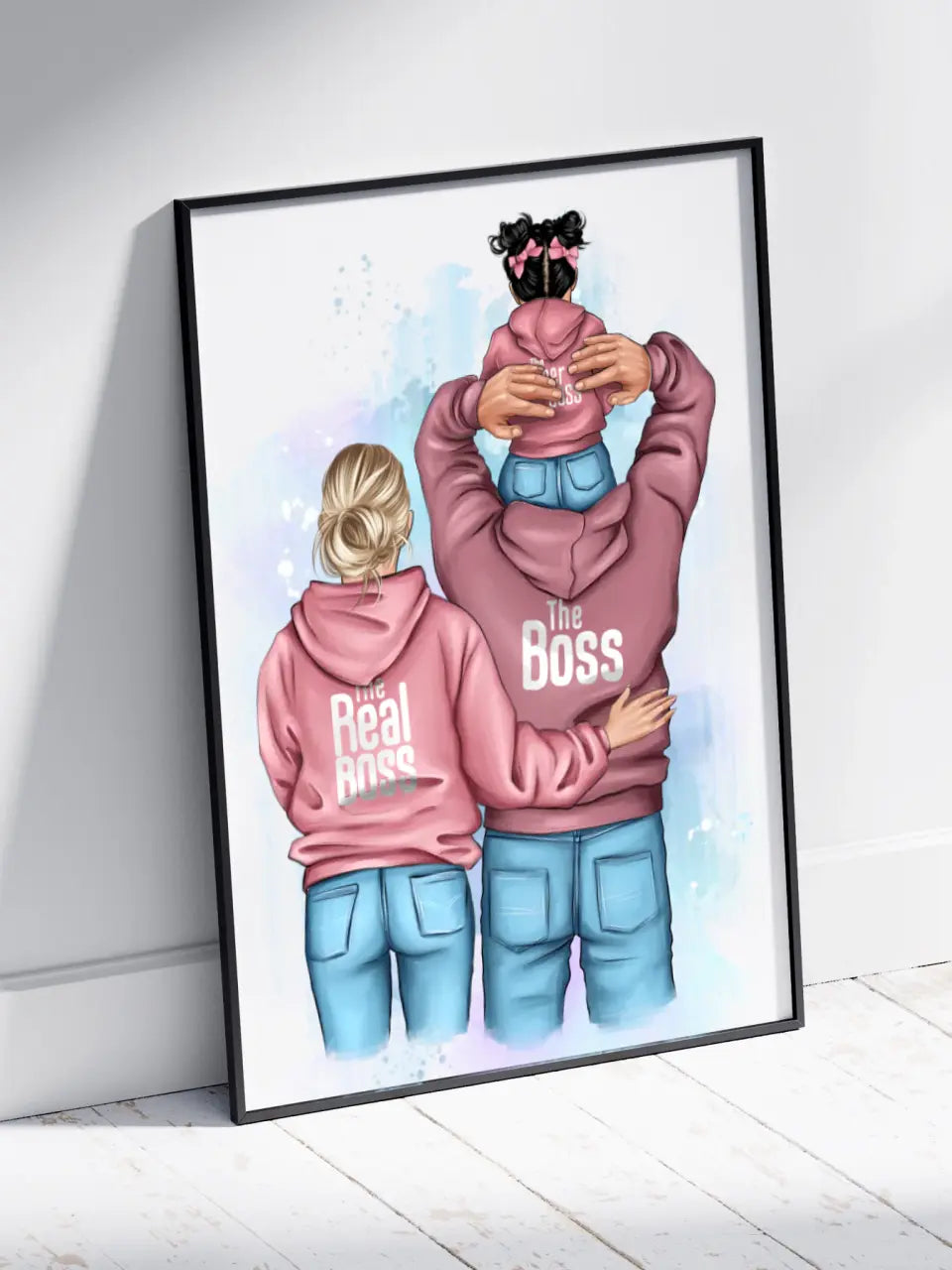 Personalizuotas "Tikra boso šeima" iliustracija su vaiku, plakatas su rėmeliu