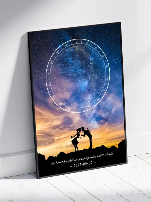Personalizuotas žvaigždžių žemėlapis, plakatas su rėmeliu, su Meilės istorijos pasirinktu siluetu  Poster -  dovanokis.lt