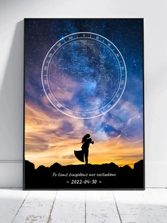 Personalizuotas žvaigždžių žemėlapis, plakatas su rėmeliu, su vestuvių dienos pasirinktu siluetu  Poster -  dovanokis.lt