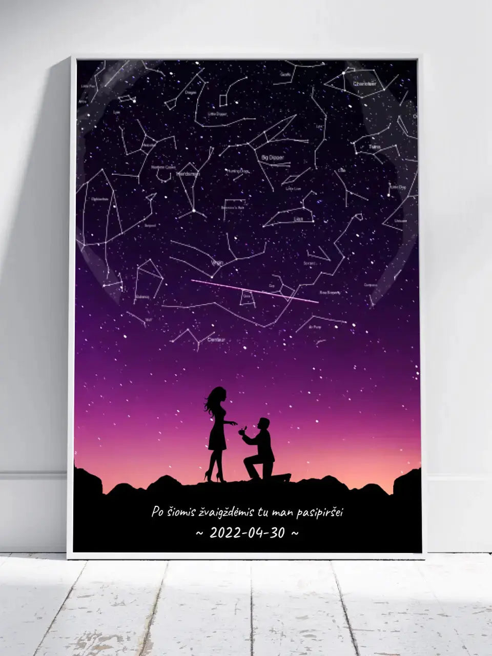 Personalizuotas viso spektro žvaigždžių žemėlapis, plakatas su rėmeliu, su santuokos silueto pasirinkimu  Poster -  dovanokis.lt