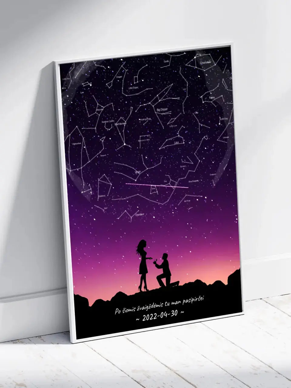 Personalizuotas viso spektro žvaigždžių žemėlapis, plakatas su rėmeliu, su santuokos silueto pasirinkimu  Poster -  dovanokis.lt