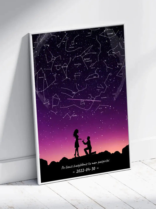 Personalizuotas viso spektro žvaigždžių žemėlapis, plakatas su rėmeliu, su santuokos silueto pasirinkimu  Poster -  dovanokis.lt