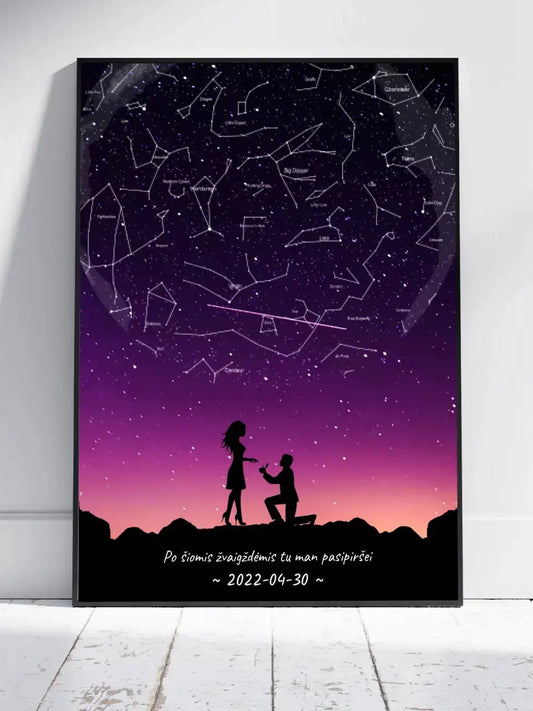 Personalizuotas viso spektro žvaigždžių žemėlapis, plakatas su rėmeliu, su santuokos silueto pasirinkimu  Poster -  dovanokis.lt
