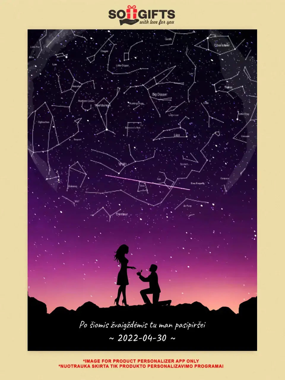 Personalizuotas viso spektro žvaigždžių žemėlapis, plakatas su rėmeliu, su santuokos silueto pasirinkimu  Poster -  dovanokis.lt