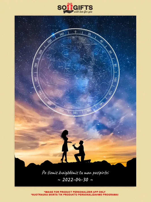 Personalizuotas žvaigždžių žemėlapis, plakatas su rėmeliu, su santuokos pasiūlymo siluetu  Poster -  dovanokis.lt