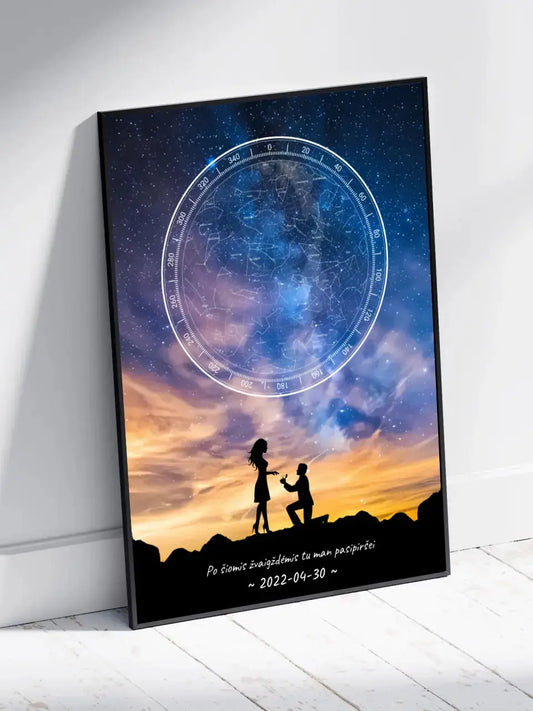 Personalizuotas žvaigždžių žemėlapis, plakatas su rėmeliu, su santuokos pasiūlymo siluetu  Poster -  dovanokis.lt