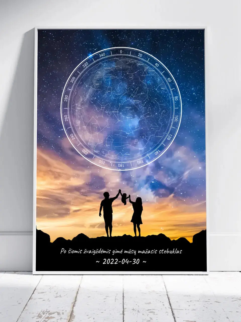 Personalizuotas žvaigždžių žemėlapis, plakatas su rėmeliu, su šeimos pasirinktu siluetu  Poster -  dovanokis.lt