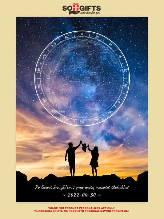 Personalizuotas žvaigždžių žemėlapis, plakatas su rėmeliu, su šeimos pasirinktu siluetu  Poster -  dovanokis.lt