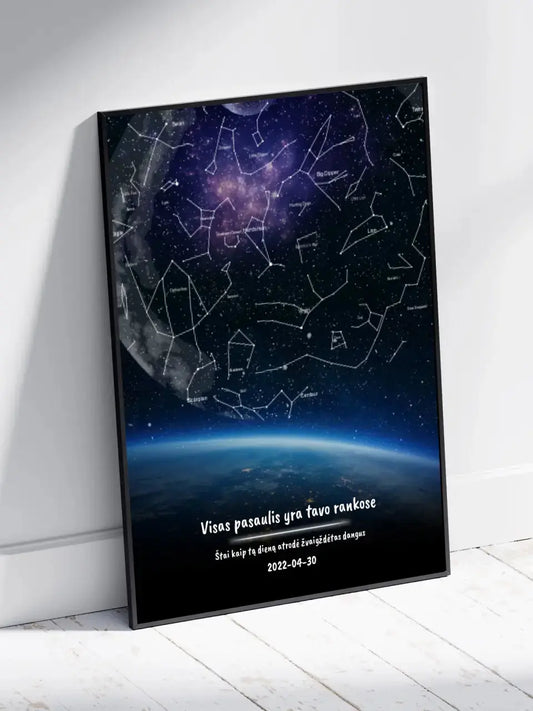 Personalizuotas viso spektro žvaigždžių žemėlapis, plakatas su rėmeliu, žemės mėlynas šešėlis  Poster -  dovanokis.lt