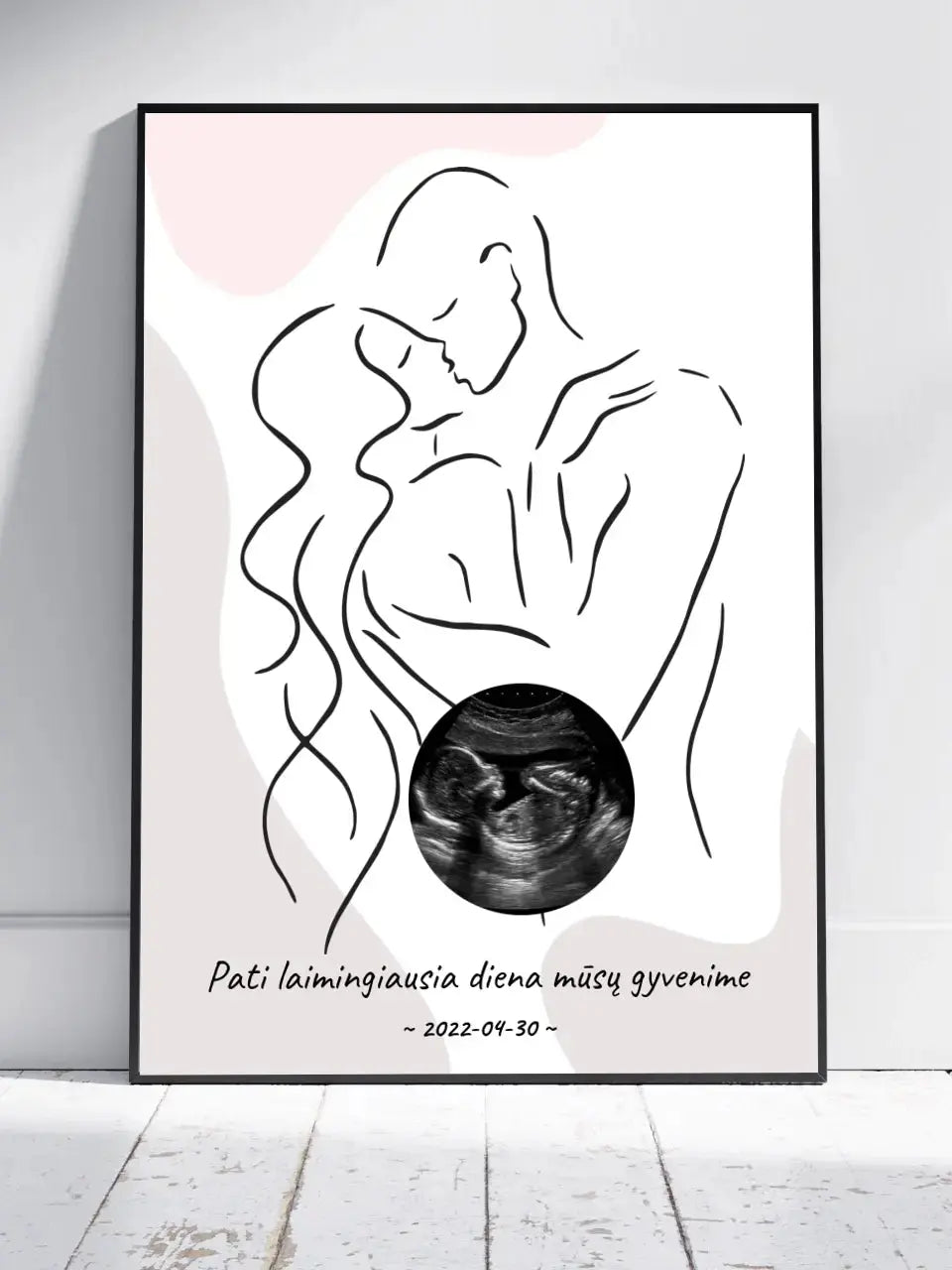 Personalizuota nėščiųjų echoskopijos tyrimo nuotraką, plakatas su rėmeliu ir linijine iliustracija  Poster -  dovanokis.lt