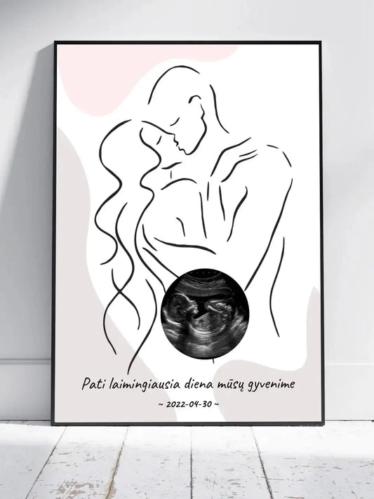 Personalizuota nėščiųjų echoskopijos tyrimo nuotraką, plakatas su rėmeliu ir linijine iliustracija  Poster -  dovanokis.lt