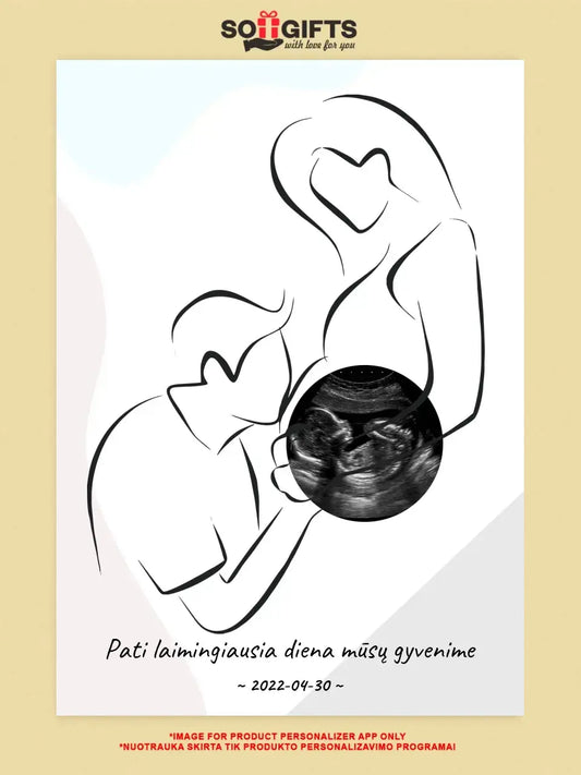 Personalizuota nėščiųjų echoskopijos tyrimo nuotraką, plakatas su rėmeliu ir linijine iliustracija  Poster -  dovanokis.lt