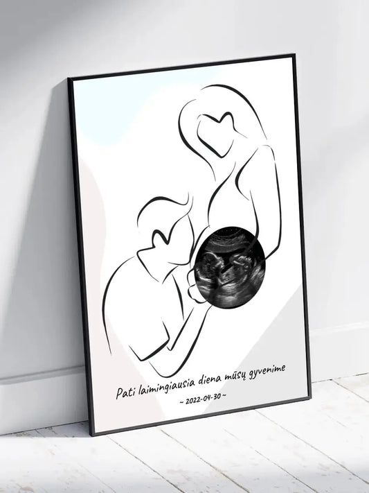 Personalizuota nėščiųjų echoskopijos tyrimo nuotraką, plakatas su rėmeliu ir linijine iliustracija  Poster -  dovanokis.lt